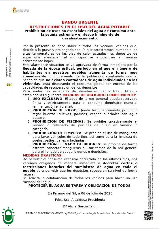 bando agua Páramo del Sil. 6 julio 2026